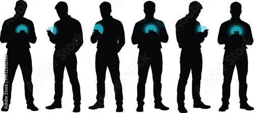 Silhouettes of people using smartphones, glowing connectivity icons on chest, digital identity, wireless communication, modern technology, social interaction illustration