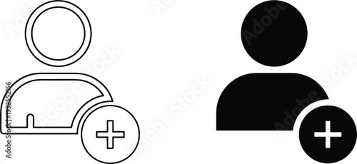 Add user profile icon set in outline and solid black styles for social media account creation and member registration interface design.