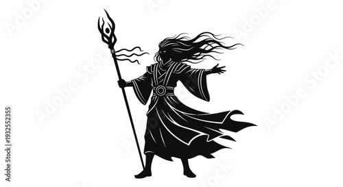 A wizard holding a staff with a trident on a white background