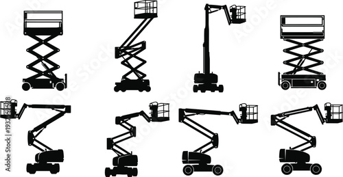 Collection of black scissor lift and cherry picker silhouettes, industrial aerial work platforms, hydraulic man lift machinery set isolated on white background vector illustration for design.