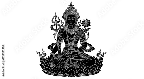 A black and white image of a statue of a hindu deity