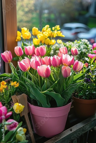 cheerful spring window display of pink tulips in a pink pot with yellow tulips and assorted potted flowers bathed in warm morning sunlight
