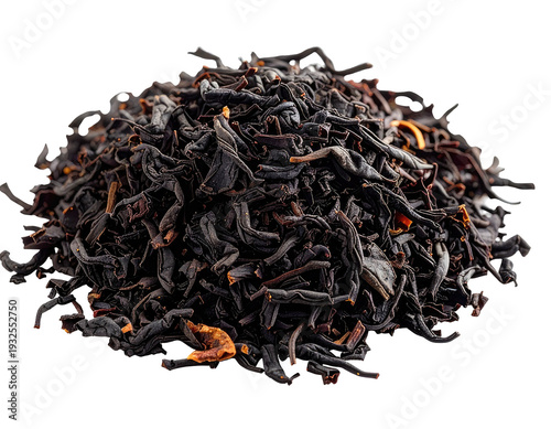 A dark pile of dried, rolled tea leaves with subtle orange highlights