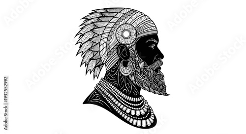 A black and white illustration of a skull with a feathered headdress