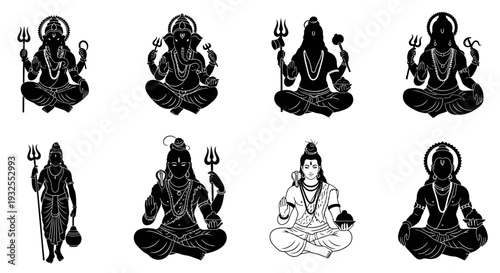 Seven meditating figures in various yoga poses