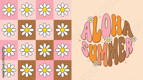 Pastel floral grid of daisies on pink tiles with cheerful Aloha Summer typography, a bright summery illustration for decor and pattern design.