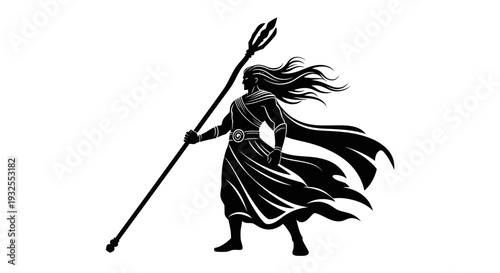 A woman in a dress holding a spear