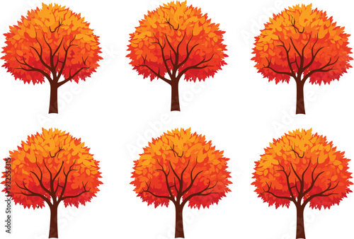 Autumn maple trees illustration, vibrant red orange fall foliage forest clipart isolated on white background seasonal nature design