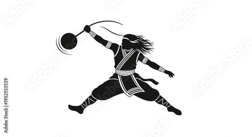 A ninja is depicted in mid-air, wielding a weapon