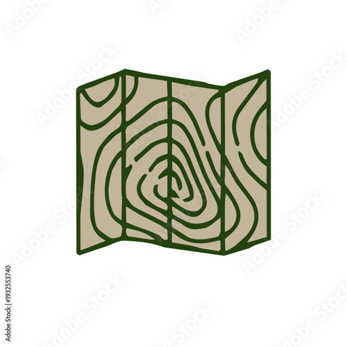 a tan folded topographic map with olive green contour lines. This clean icon represents wilderness navigation, terrain relief, and hiking for nature or travel-themed branding.