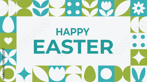 Modern geometric Easter banner with fresh pastel colors and bold typography. Ideal for marketing campaigns, retail promotions, websites, email newsletters and social media branding.