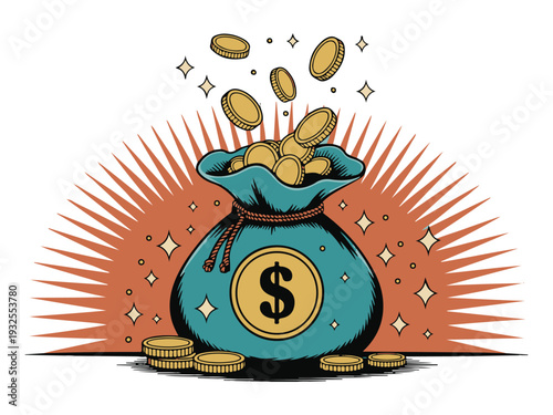 Money Bag with Coins Spilling Out on Orange Background