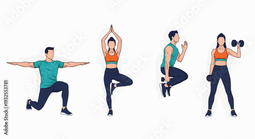 Diverse Fitness Routine Illustrated With Four Dynamic Poses.