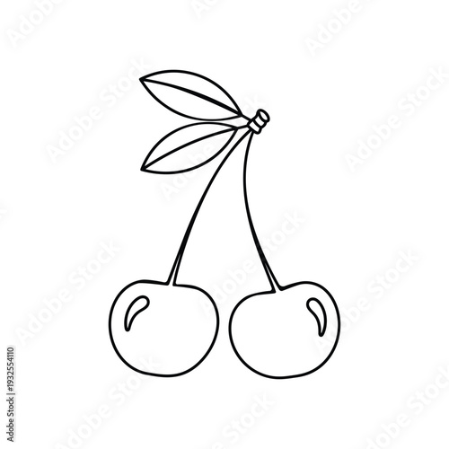 Twin Cherries with Leaves Fresh Sweet Fruit Outline Line Art Vector illustration