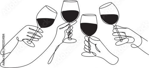 Continuous line drawing. Hands cheering with glasses of wine. Perfect for social media, blogs, wall art.one line vector illustration with white background
