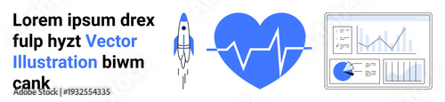 Rocket launch symbolizing innovation, heartbeat representing healthcare, and data charts showcasing analytics and statistics. Ideal for technology, healthcare, analytics, growth, startups