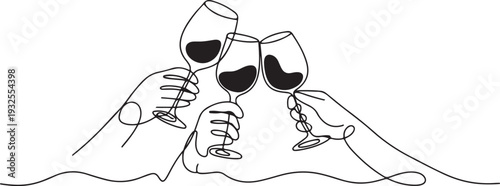 Continuous line drawing. Hands cheering with glasses of wine. Perfect for social media, blogs, wall art.one line vector illustration with white background