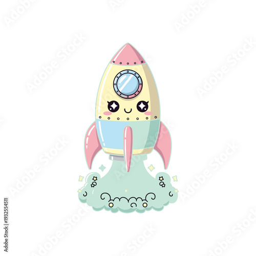 Cute cartoon rocket with face and pastel colors launching from cloud