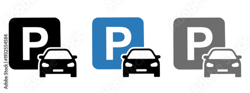 Car parking icons featuring a letter P in square frames with vehicle silhouettes in three colors