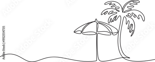 Continuous one line drawing of beach umbrella palm tree for summer holiday.one line vector illustration with white background