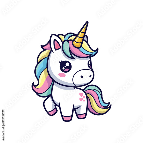 Cute cartoon unicorn with rainbow mane and tail standing