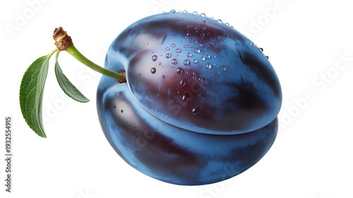 Two blue plums with leaves and water droplets isolated on a transparent background