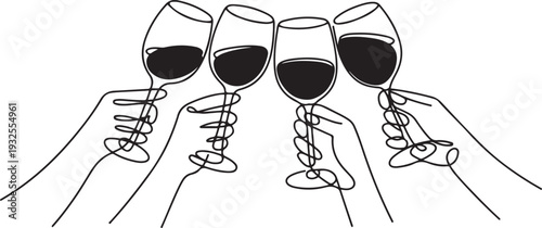 Continuous line drawing. Hands cheering with glasses of wine. Perfect for social media, blogs, wall art.one line vector illustration with white background