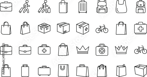 Baggage and travel line icon set featuring suitcases shopping bags backpacks delivery boxes briefcases and medical kits for commercial design