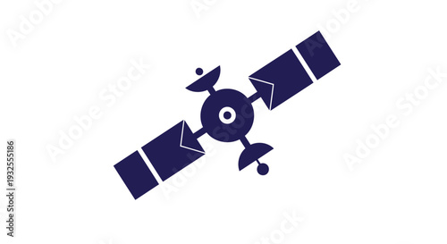 A stylized dark blue satellite in orbit against a white background.