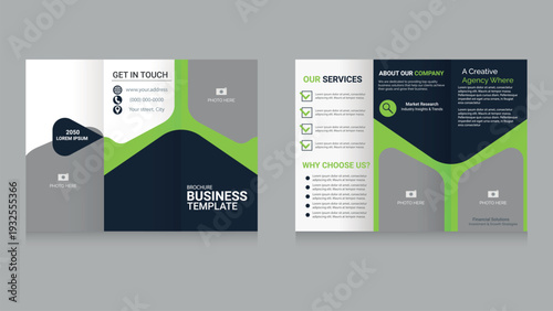 Professional trifold business brochure template in modern green and dark blue color scheme