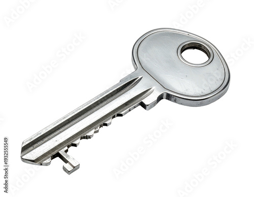 A shiny metal key with a complex bit for unlocking