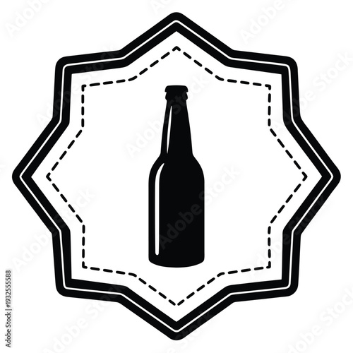 A black and white illustration of a beer bottle inside a star shaped frame