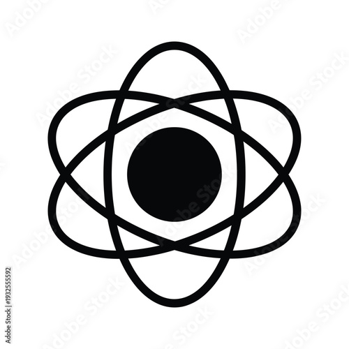 Simple black and white illustration of an atomic structure with orbiting electrons