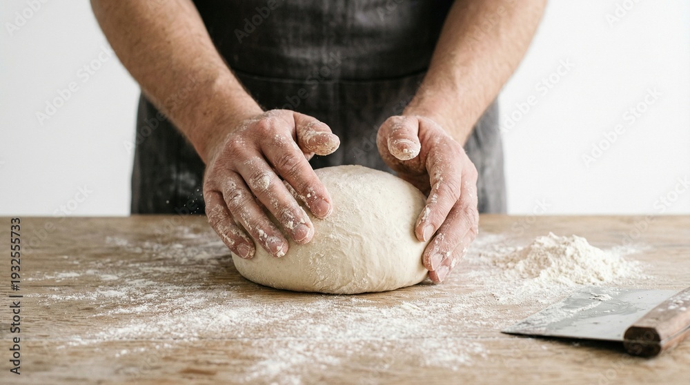 Obraz premium Man kneading dough on wooden table with flour and kitchen tools