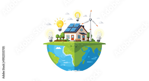 Vector illustration of eco-friendly house on Earth with renewable energy sources
