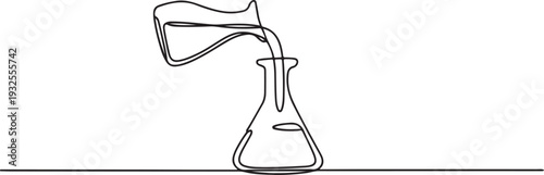 Continuous one line drawing of pouring liquid on flask glass. Laboratory equipment outline vector illustration.one line vector illustration with white background