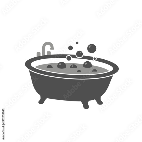 Simple black and white illustration of a bathtub filled with bubbles