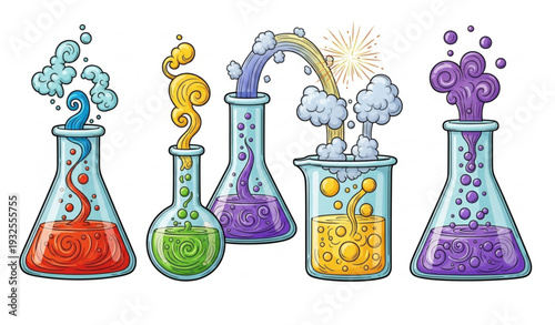 Cartoon Laboratory Glassware with Colorful Chemical Reactions Vector Illustration