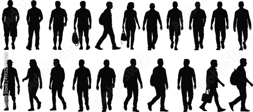 Silhouettes of people walking diverse postures carrying bags backpacks motion stance human gait design illustration