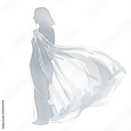 Artistic illustration of a flowing white cotton slip draped over a silhouette, isolated against a pristine white background