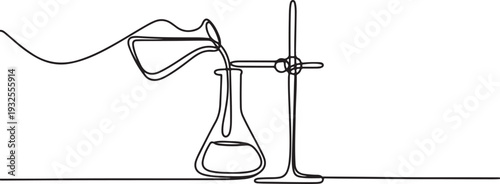 Continuous one line drawing of pouring liquid on flask glass. Laboratory equipment outline vector illustration.one line vector illustration with white background