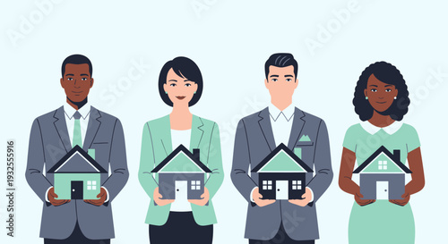 Diverse group of real estate agents holding miniature houses, representing home ownership and property services.