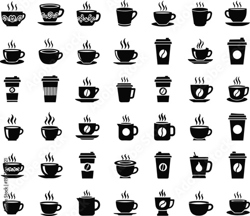 Coffee cup icons, mug collection, hot beverage symbols, espresso design, tea cup illustration, latte art, disposable cup, steaming drink