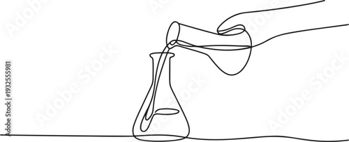 Continuous one line drawing of pouring liquid on flask glass. Laboratory equipment outline vector illustration.one line vector illustration with white background