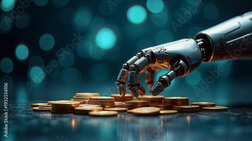 Cinematic close-up of a robotic cyborg hand reaching for stacked gold coins, AI financial technology, automation, and digital wealth concept