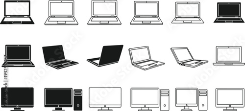 Computer and laptop line icon set featuring various monitor displays desktop towers and notebooks for technology digital office and hardware designs