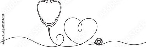 Continuous one line drawing stethoscope and heart. World hypertension day concept.one line vector illustration with white background