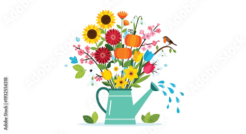 Vector illustration of colorful flowers in a watering can