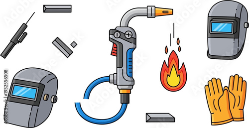 A collection of welding equipment and tools including a welding torch, protective helmets, gloves, and metal pieces, set against a white background.