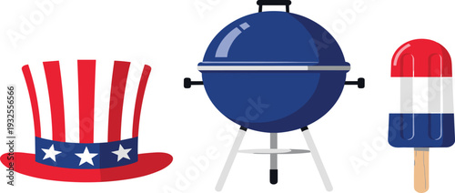 American Patriotic Fourth of July Celebration Set with Uncle Sam Hat, Blue BBQ Charcoal Grill, and Red White and Blue Popsicle Vector Illustration on White